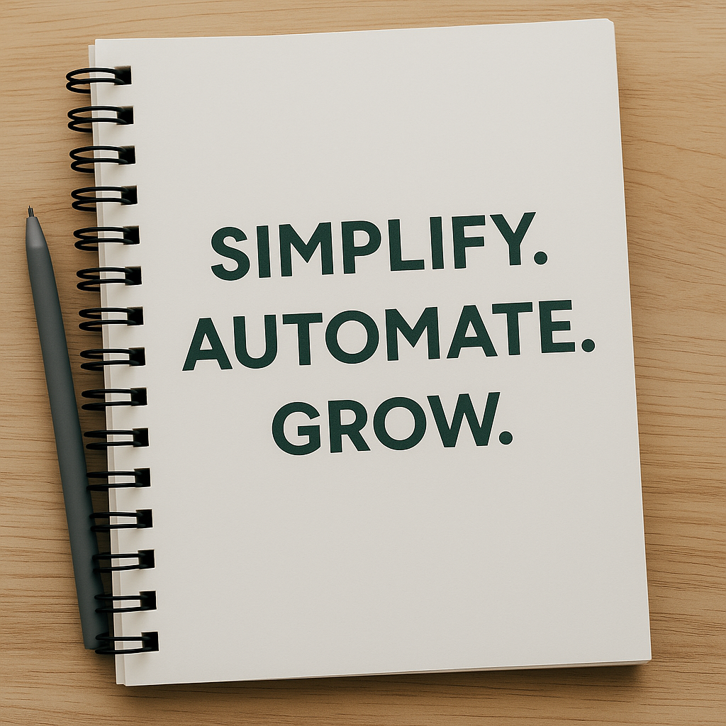 Notebook reading “Simplify. Automate. Grow.”